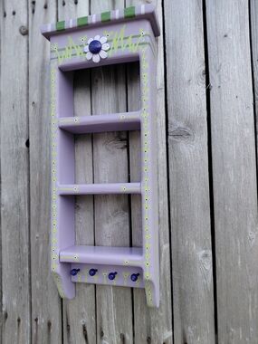 Handmade painted 3 tiered wooden curio shelf w/ 4 peg hangers - purple & green